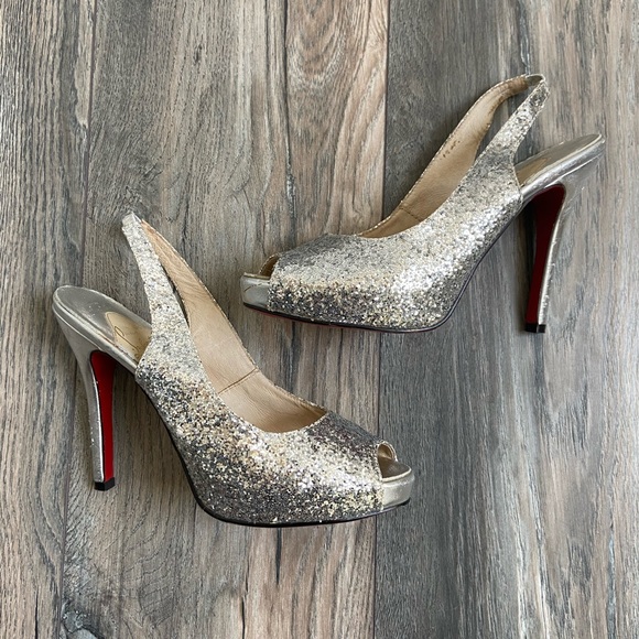 LOUBOUTIN Prive Glitter Sling Back Peep Toe Heels - Picture 1 of 9
